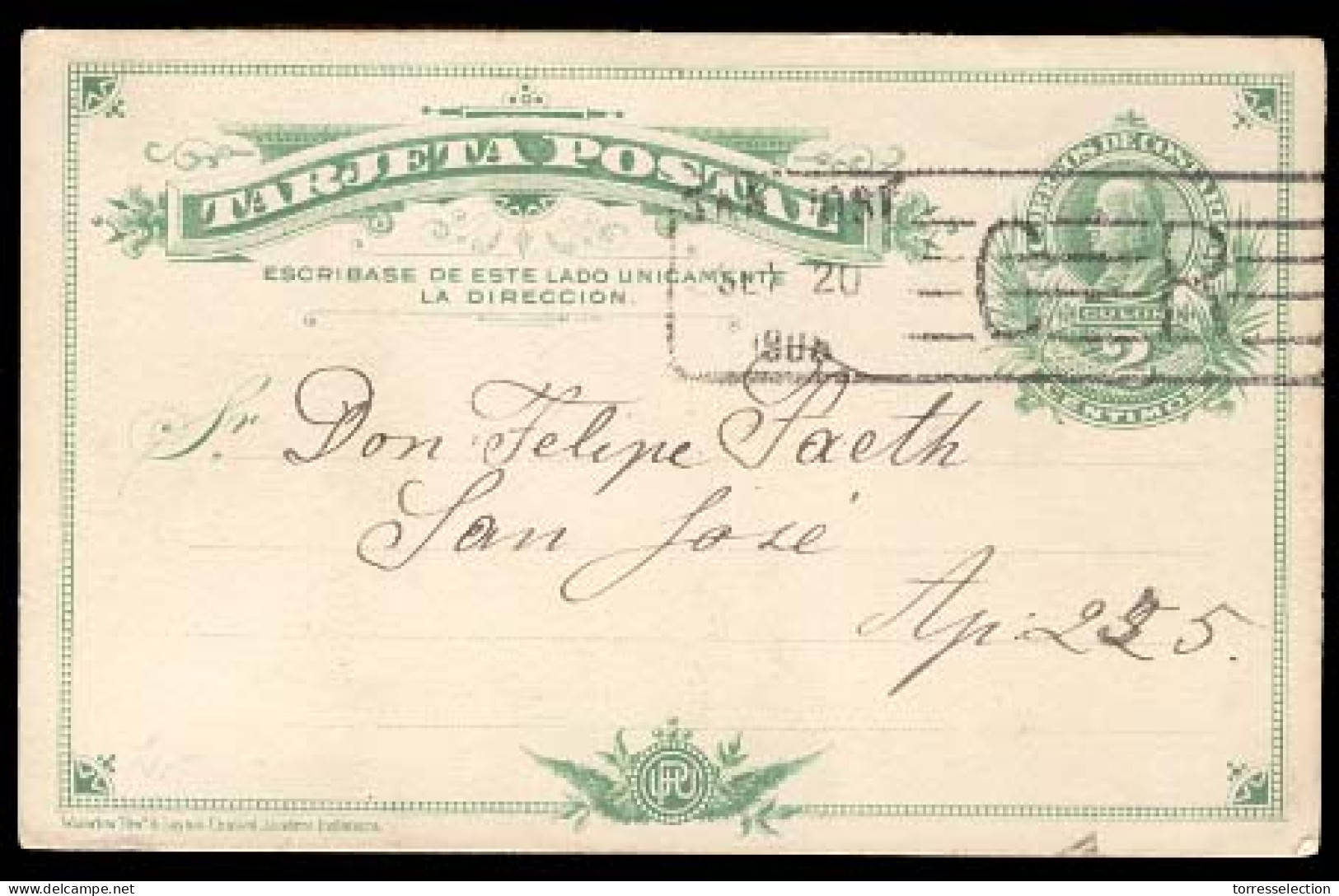 COSTA RICA. 1908 (20 Sept). Sabanilla/ San Jose. 2c Yellow Green Stat.card With CR Box Cancel. XF - Costa Rica