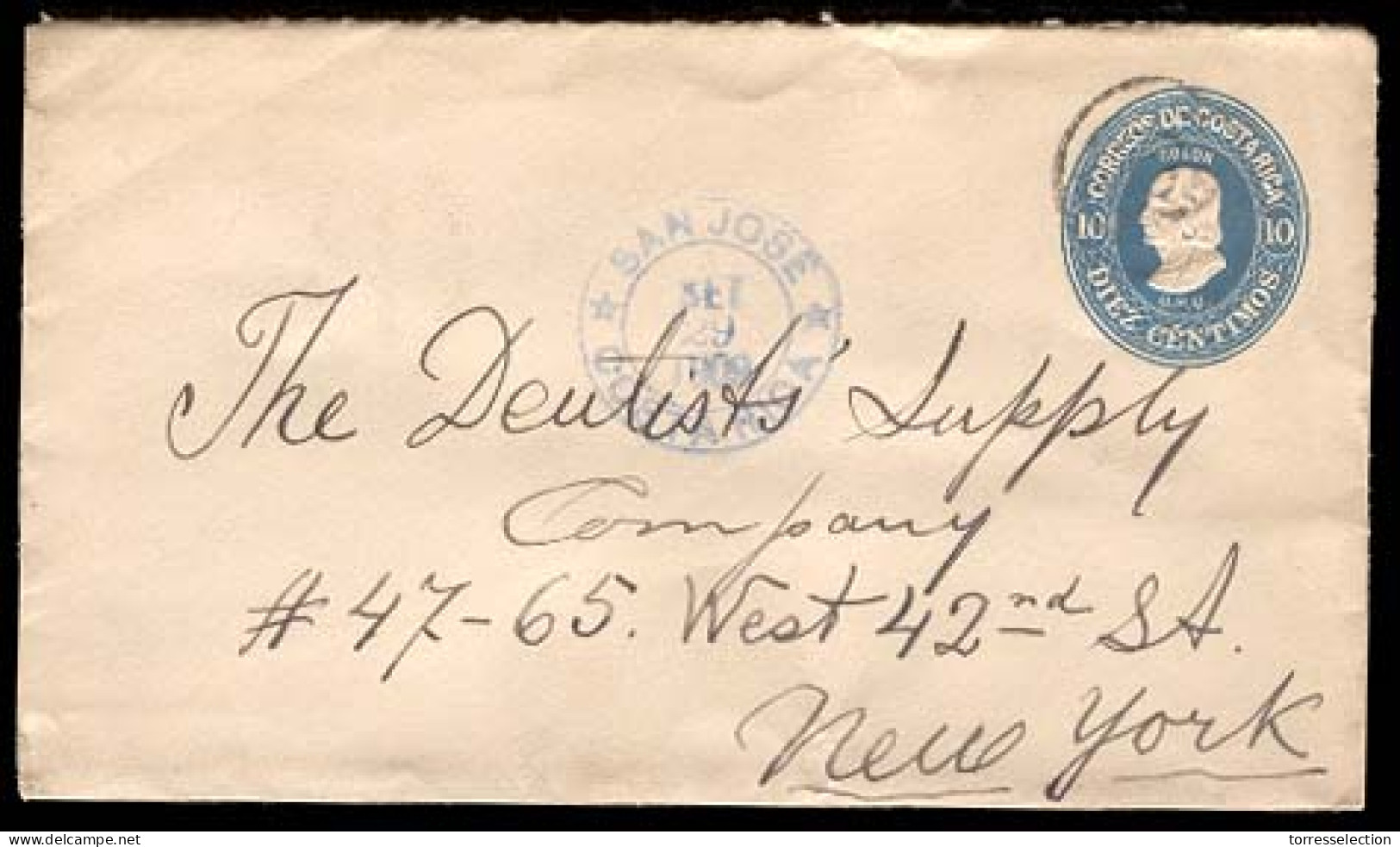 COSTA RICA. 1909 (29 Sept). S. Jose To NY / USA. 10c Blue Stat Env. VF. - Costa Rica