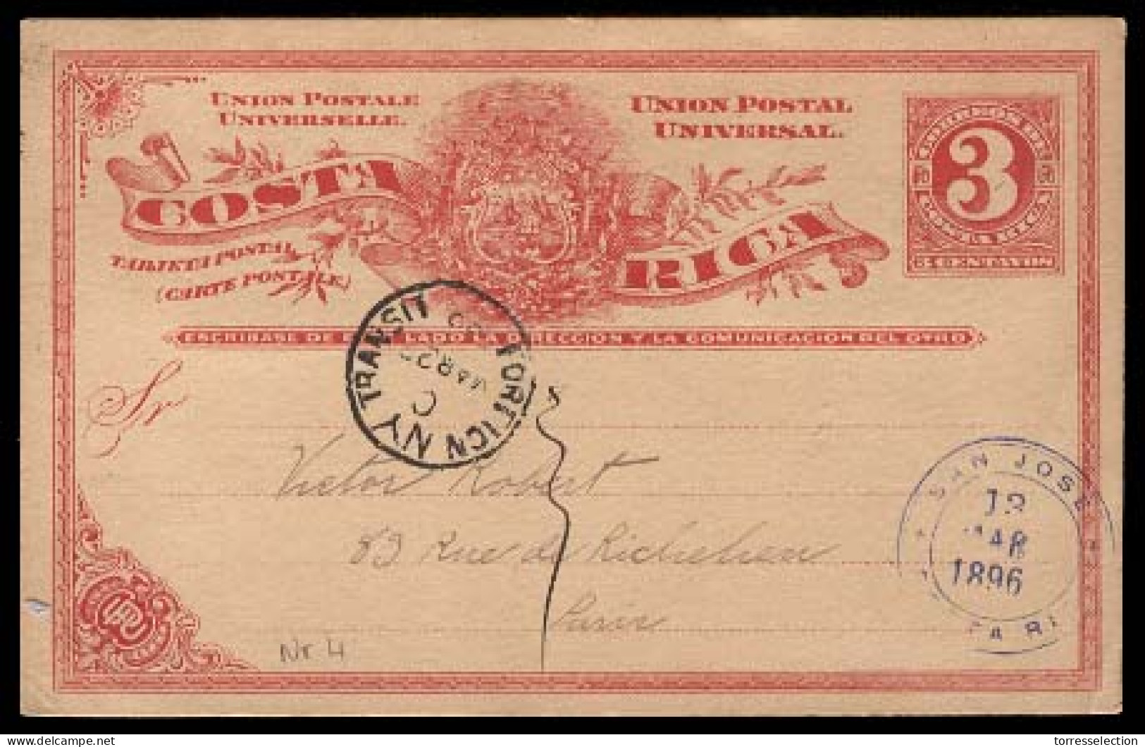 COSTA RICA. 1896 (13 March). San Jose To Paris/France. Via NY 3c Red Stat.card + Violet Cds Alongside. - Costa Rica