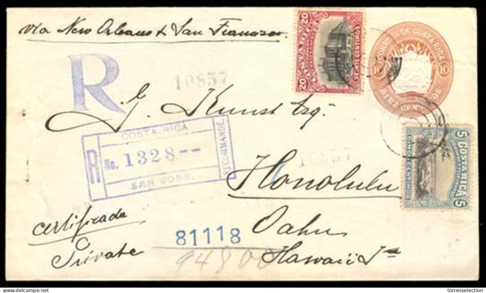 COSTA RICA. 1903 (29 Nov.). COSTA RICA-HAWAII. Destination:10c Pse (H&G 4) With Added 1901 5c And 20c Sent Registered Fr - Costa Rica