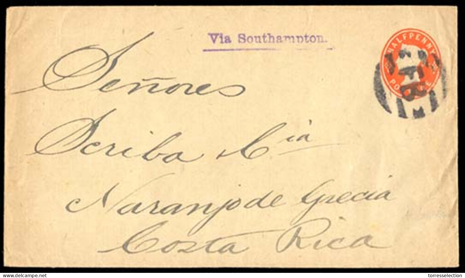 COSTA RICA. C. 1890. COSTA RICA / GREAT BRITAIN. 1/2d Red Stationary Envelope Addressed To NARANJO DE GRECIA / Costa Ric - Costa Rica