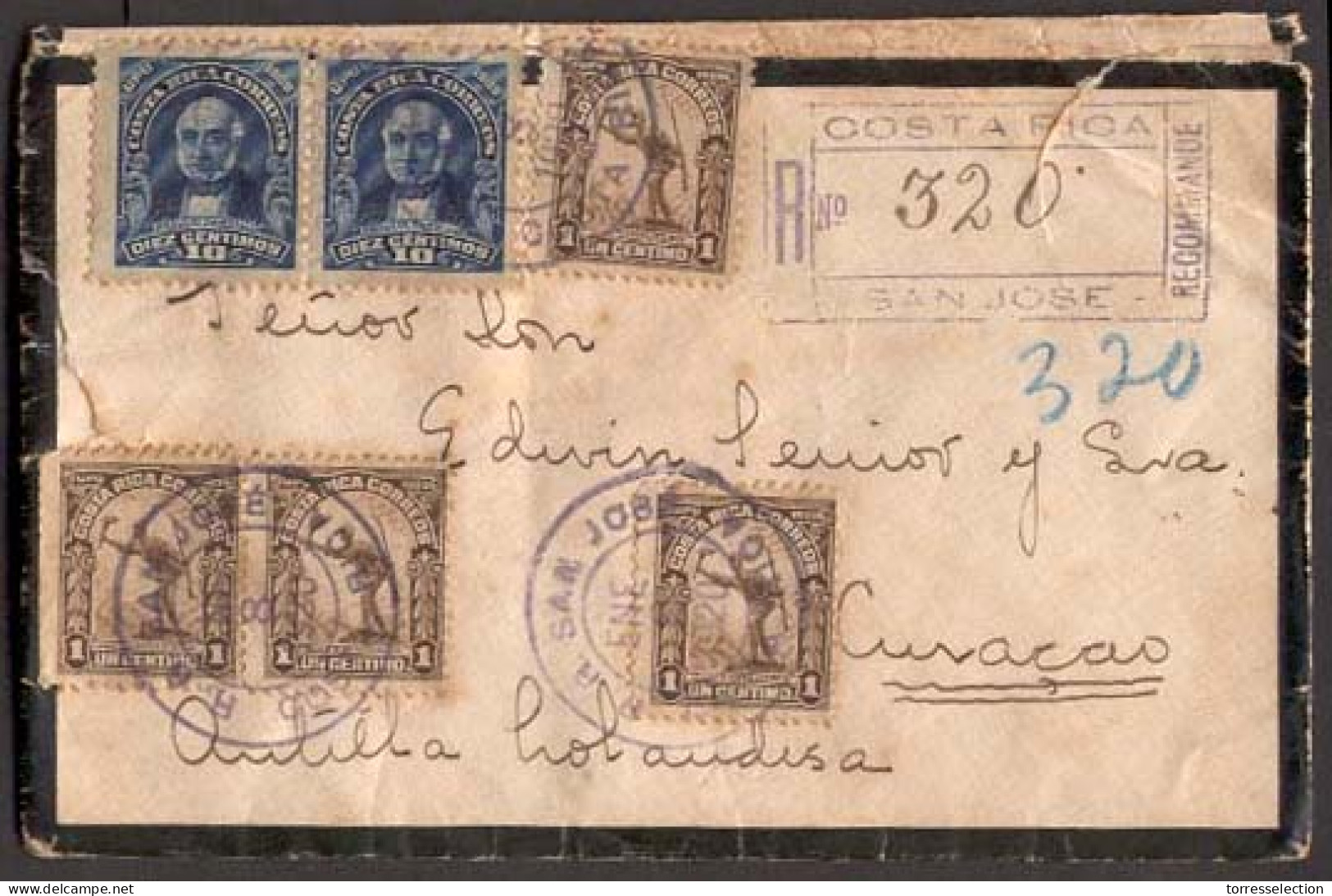 COSTA RICA. 1920 (Jan. 8). COSTA RICA - CURACAO - PANAMA. San Jose To Curacao. Registered Envelope Franked 1c Brown (x4) - Costa Rica