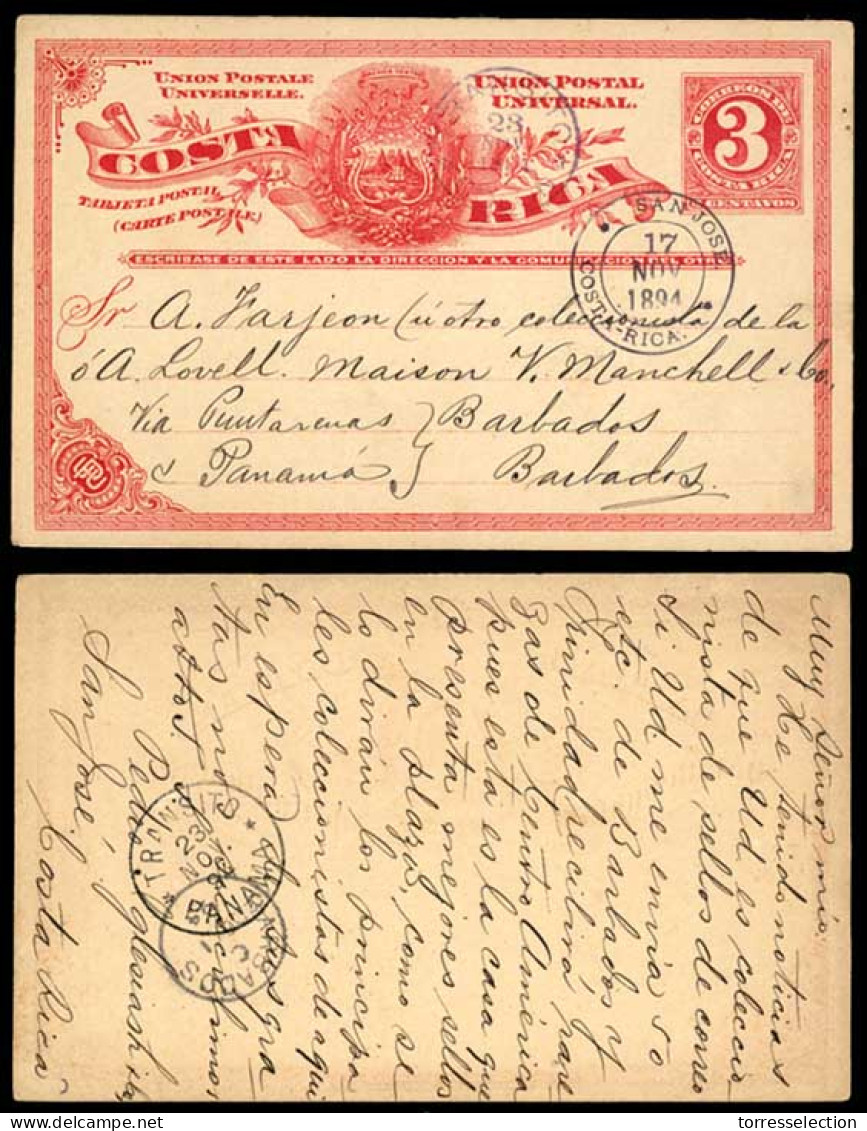 COSTA RICA. 1894. San Jose / 3c.card To BARBADOS! Via Colon. Superb Caribbean Destination In Excellent Condition. XF. - Costa Rica