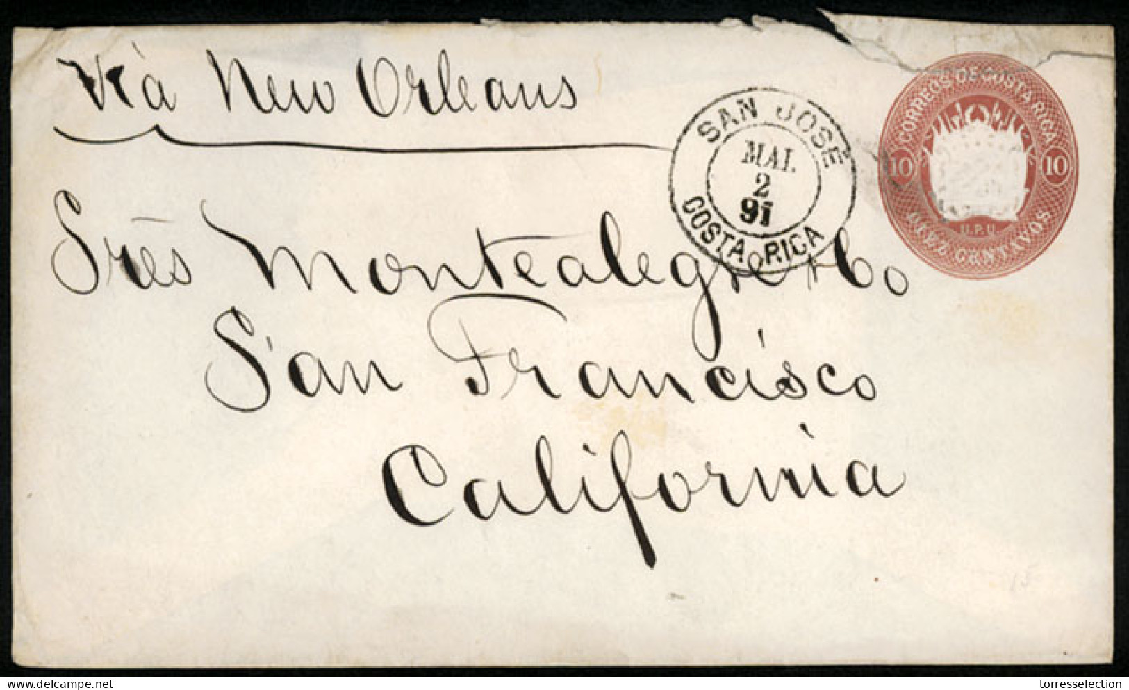 COSTA RICA. 1891. Veyr Rare Usage To California (mostly Seen To Europe At This Time). 10cts.printed Envelope/stationery. - Costa Rica