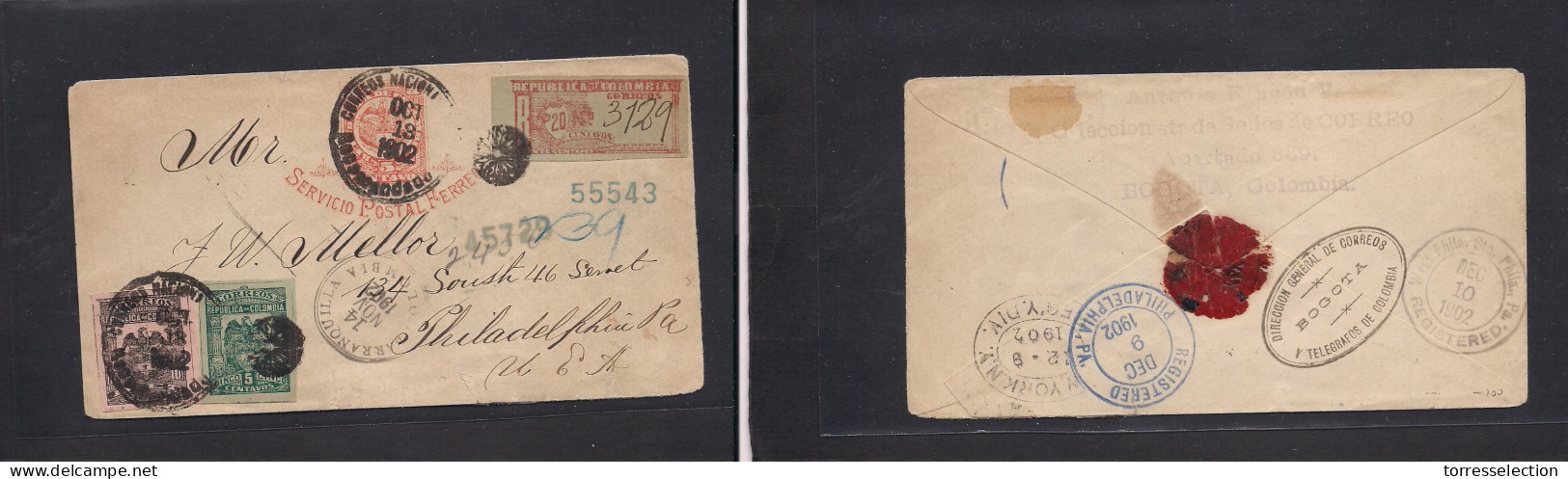 COLOMBIA - Stationery. 1902 (Oct 13) Bogota - USA, Philadelphia, PA (9-10 Dec) Registered 5c Multifkd Stat Envelope, R-2 - Colombia