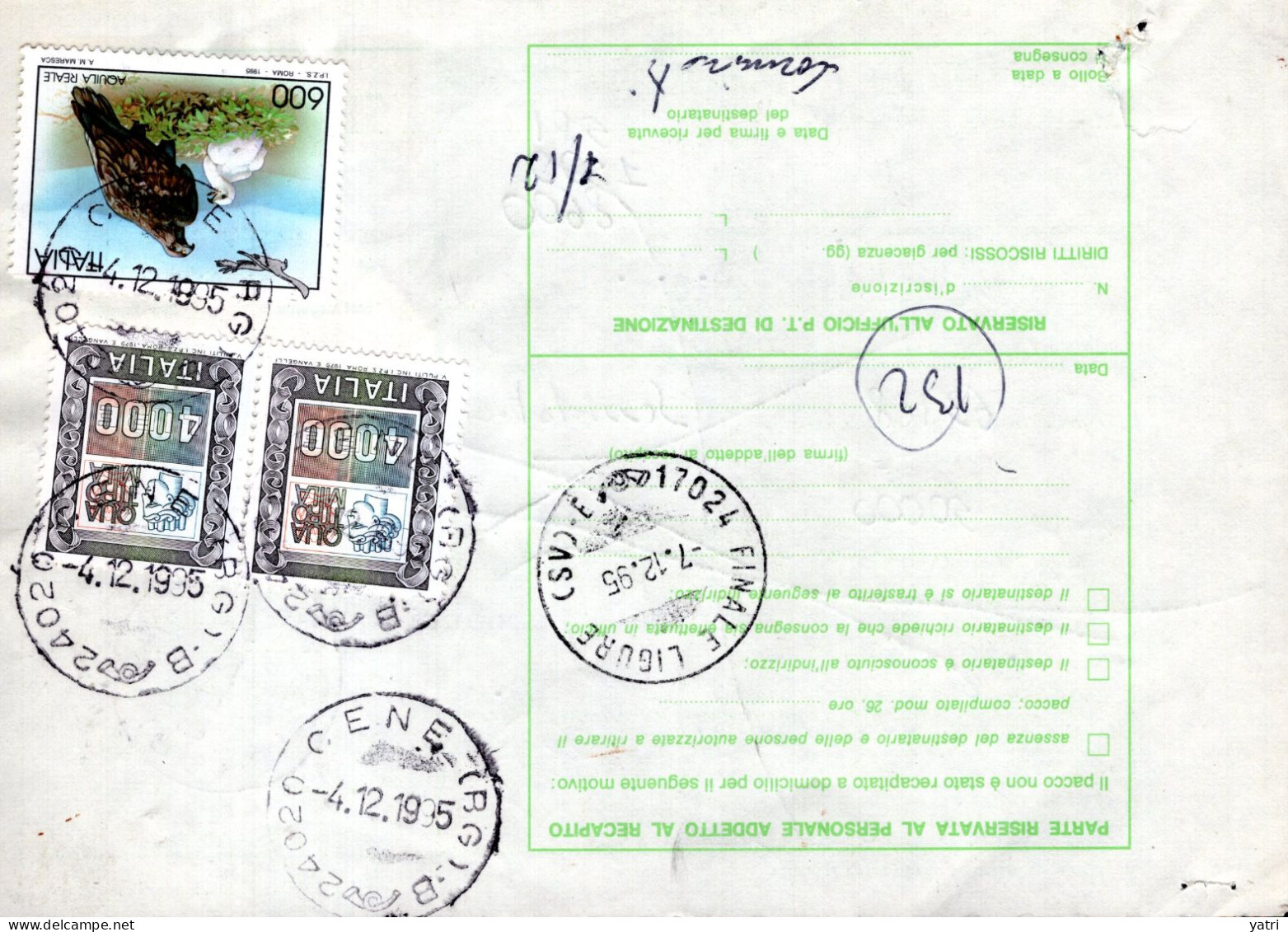 Italia (1995) - Bollettino Pacchi Da Cene (BG) Per Finale Ligure (Tessuto) - Postal Parcels