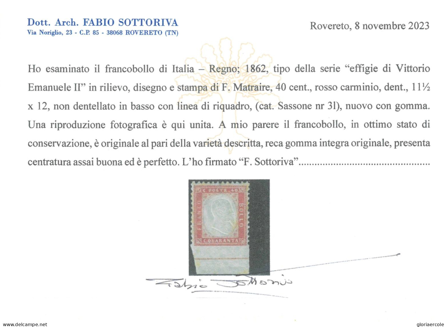 P2715 C - ITALIA REGNO SASSONE 3 I , NON DENTELLATO IN BASSO CON LINEA DI BORDO DI FOGLIO. GOMMA INTEGRA!!!!!! - Neufs