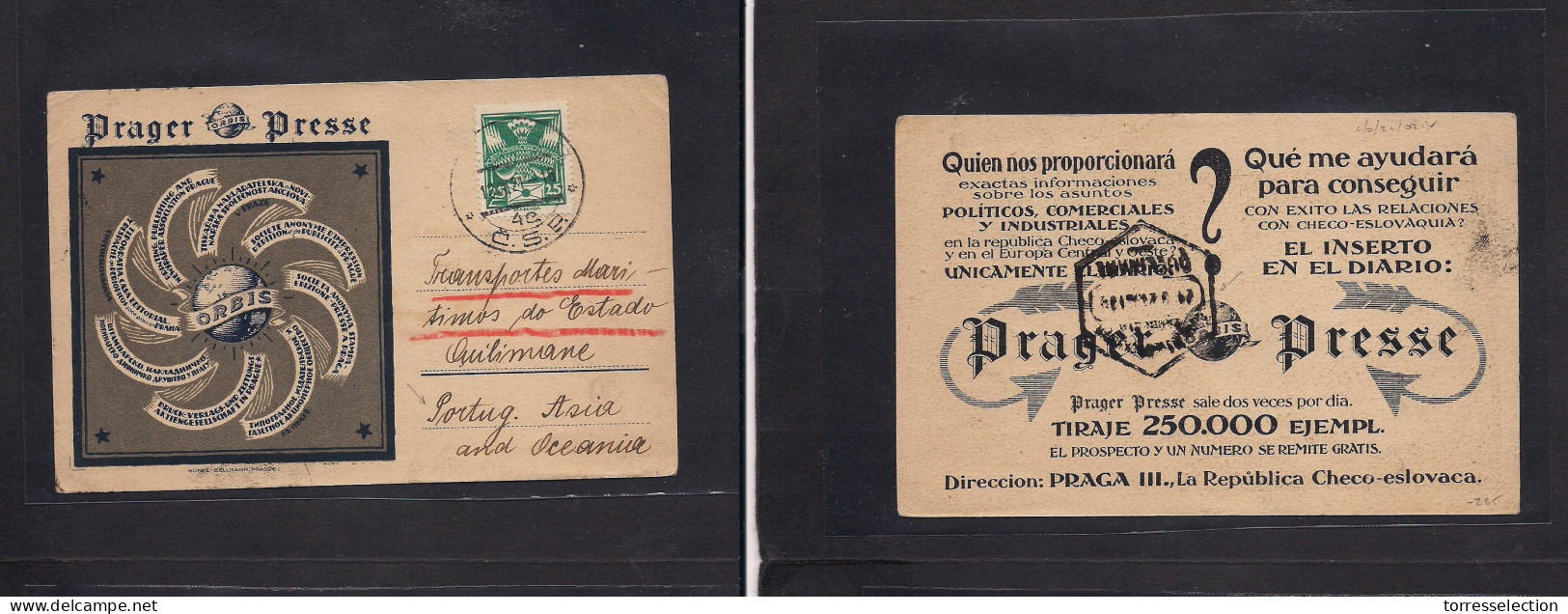 CZECHOSLOVAKIA. 1921 (18 July) Prague - Quelimane, Portuguese East Africa (21 Sept) Illustrated Color Fkd Card Praguer P - Sonstige & Ohne Zuordnung