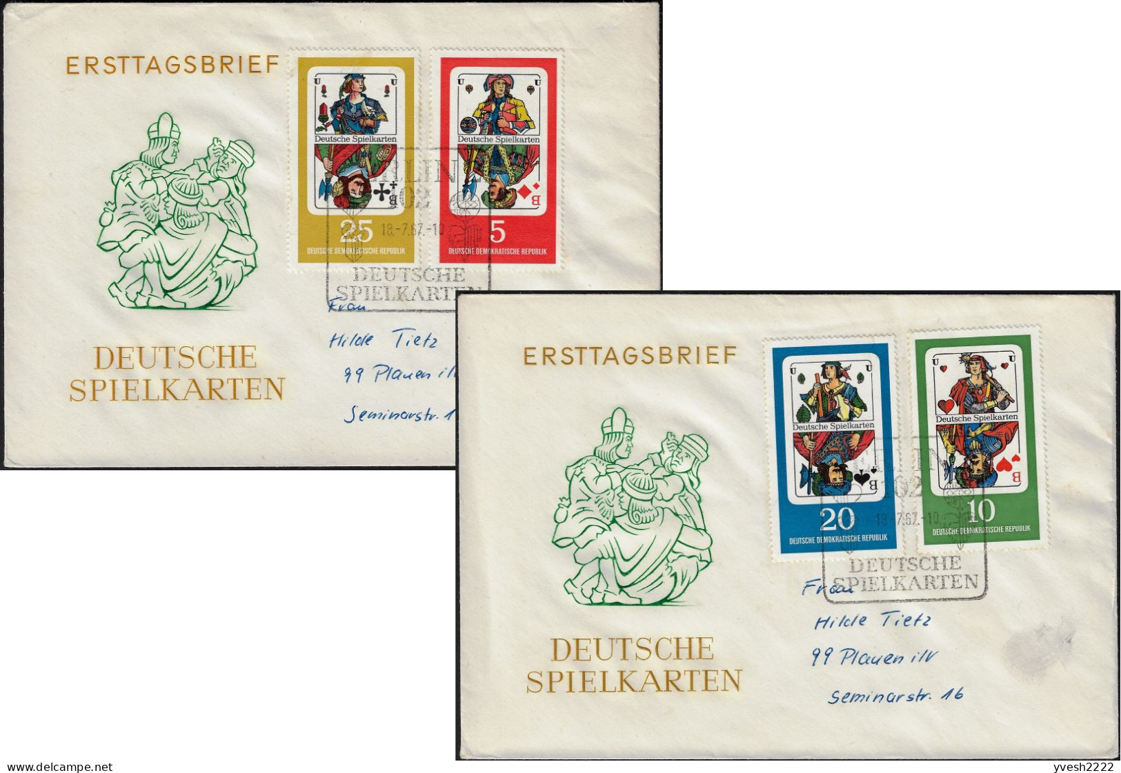 Allemagne Démocratique 1967 Y&T 995 à 998 Sur FDC. Cartes à Jouer. Valets De Carreau, De Coeur, De Pique Et De Trèfle - Ohne Zuordnung