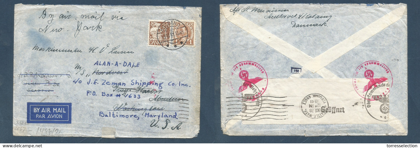 DENMARK. 1941 (9 Oct) Kolding - USA, Baltimore, Maryland. Air Multifkd Env Via NY 1,25k Rate, Fwded. Reverse Nazi Occup  - Sonstige & Ohne Zuordnung