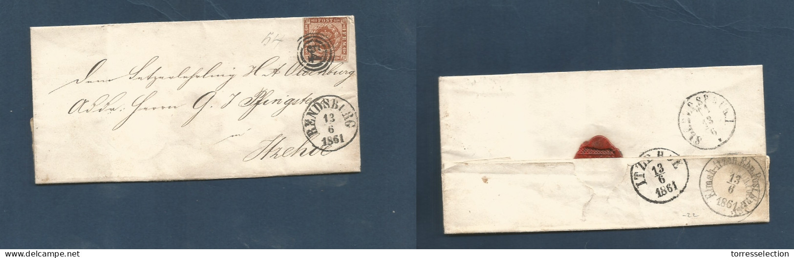 DENMARK. 1861 (13 June) Rendsburg - Hzehoe. EL With Contains Fkd 4s Brown, Tied "54" Rings. Fine. Reverse Transited. - Sonstige & Ohne Zuordnung