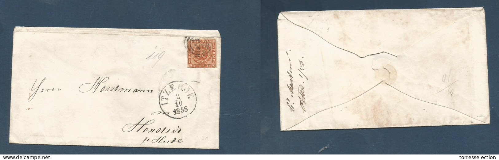 DENMARK. 1858 (2 Oct) Itzehoe - Heide. Fkd Envelope 4s Light Brown "118" Rings, Tied + Cds. - Sonstige & Ohne Zuordnung