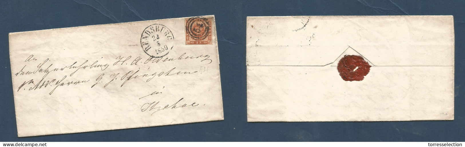 DENMARK. 1859 (23 May) Rendsburg - HZEHOE. EL With Contains Fkd 4s Brown "54" Rings. Fine. - Sonstige & Ohne Zuordnung