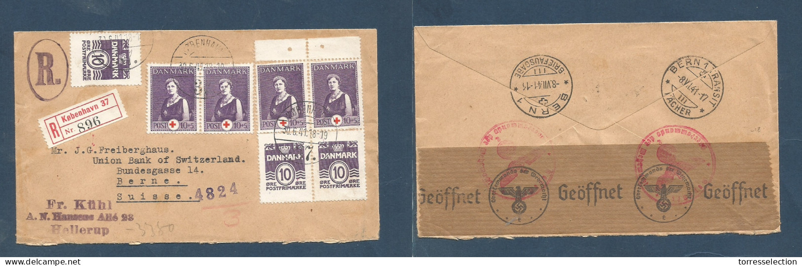 DENMARK. 1941 (30 June) Cph - Switzerland, Bern (8 July) Red Cross Issue. Registered Multifkd Nazi Censored Envelope. Fi - Sonstige & Ohne Zuordnung