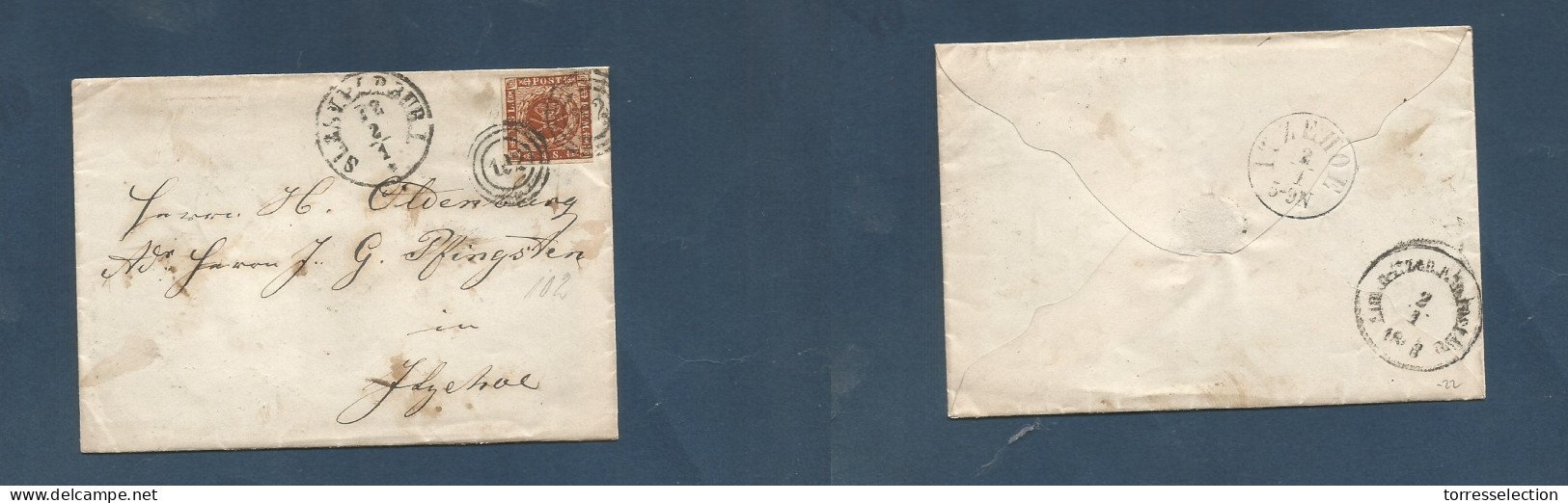 DENMARK. 1862 (2 Jan) Slesvipeburg - HZEHOE. Fkd 4s Dark Brown "102" Tied Rings + Envelope With Contains, Reverse Transi - Sonstige & Ohne Zuordnung