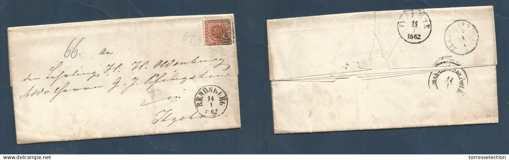 DENMARK. 1862 (14 Jan) Rendsburg - HZEHOE. Fkd EL With Contains, 4s Brown "54" Rings + Cds. - Sonstige & Ohne Zuordnung