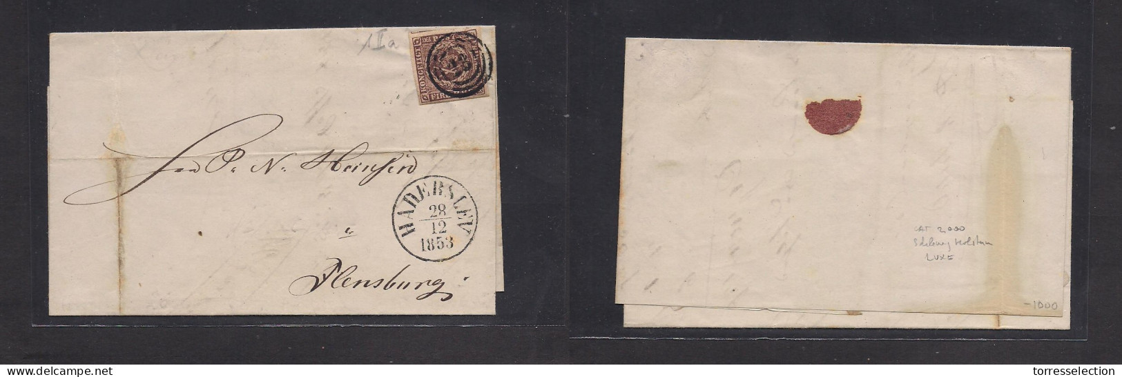 DENMARK. 1853 (28 Dec) Schlewig, Holstein, Haderslav - Flensburg. EL Fkd Fira SK (1 II A) Huge Margins, Tied "13" Rings  - Sonstige & Ohne Zuordnung