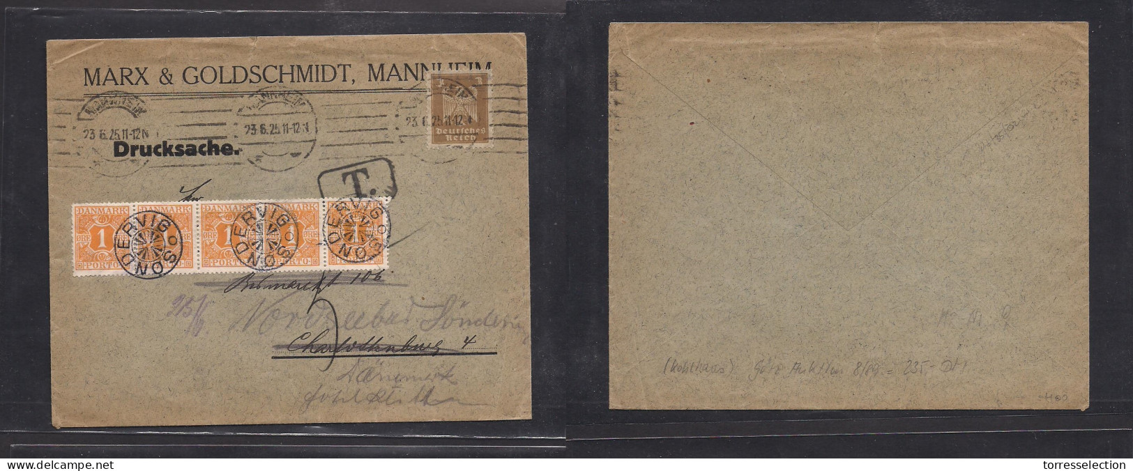 DENMARK. 1925 (23 June) Germany, Mannheim, Denmark. Fkd Env + Fwd At Sondervig With Strip Of Four 1 Ore Orange Small Vil - Sonstige & Ohne Zuordnung