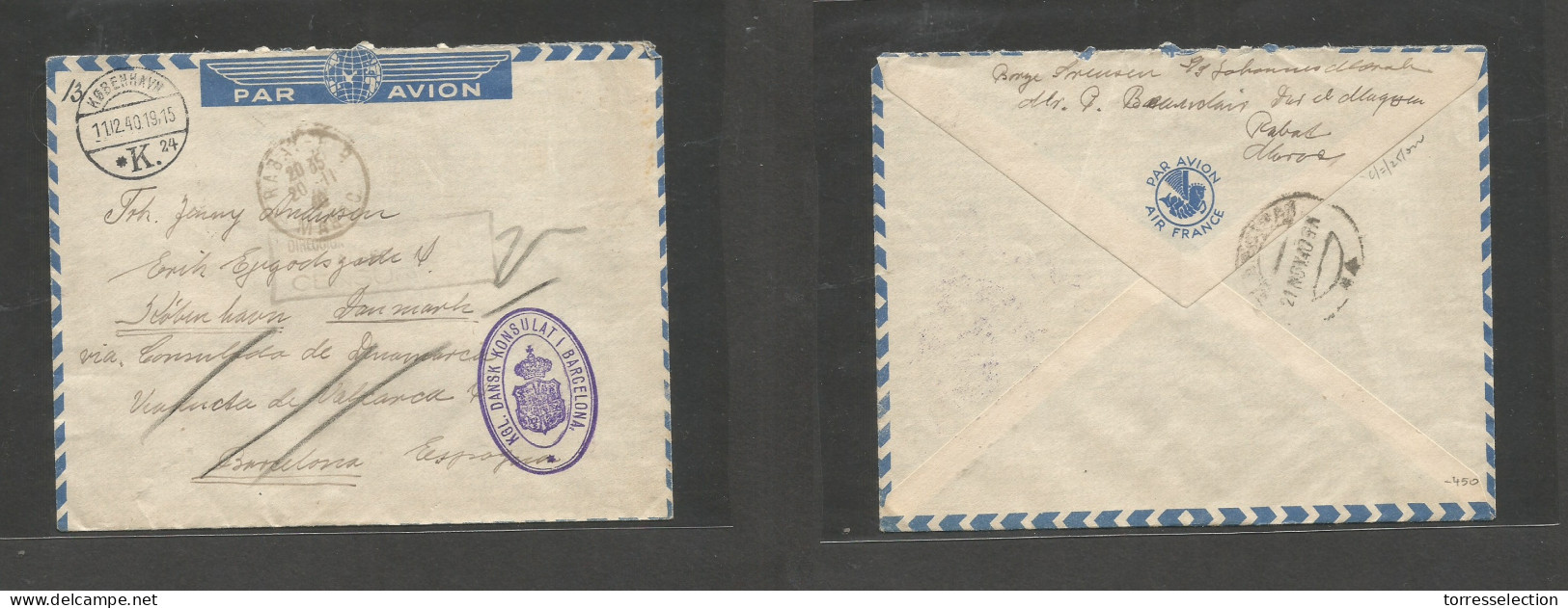 DENMARK. 1940 (20 Nov) French Marruecos - Español - Rabat - Cph, Denmark (11 Dec 40) War Disrupted Mail By Nazi Occup Of - Sonstige & Ohne Zuordnung