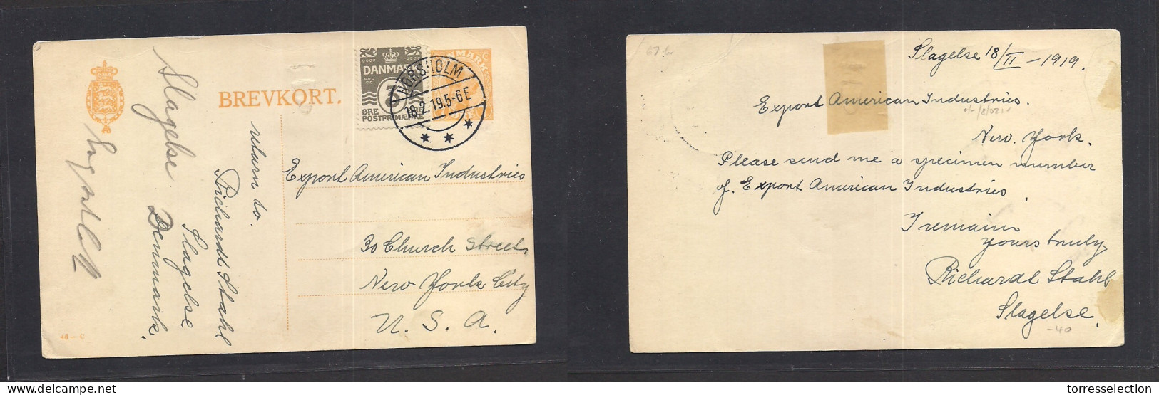 DENMARK. 1919 (18 Febr) Slagelse, Horsholm - USA, NYC. 7 Ore Yellow Stat Card + 3ore Adtls, Tied Cds. Fine Transatlantic - Sonstige & Ohne Zuordnung