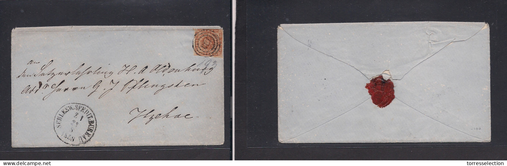 DENMARK. 1858 (23 May) Lanhagalemur, Schlewig Danish PO - Ylzehac. Envelope With Contains, Fkd 4 Sk Brown Complete Margi - Sonstige & Ohne Zuordnung