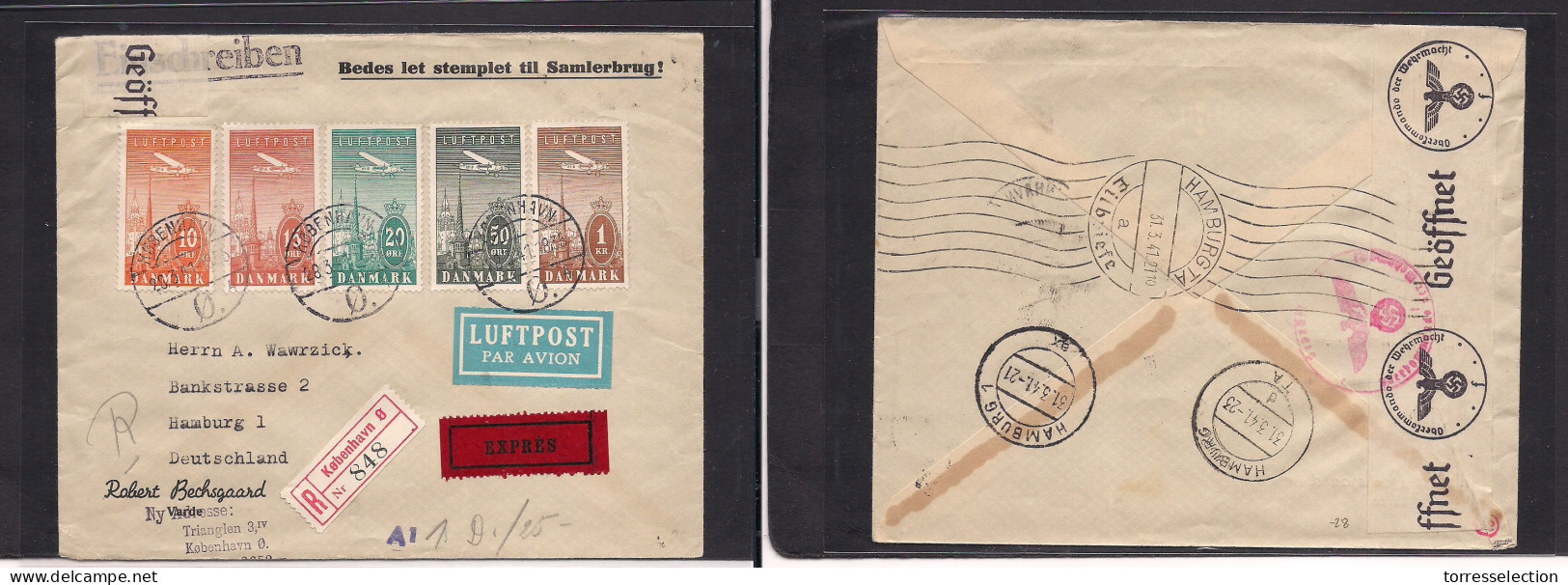 DENMARK. 1941 (28 March) Kph - Germany, Hamburg (31 March) Air Express Registered Multifkd Env. Air Set. Fine Reverse Na - Sonstige & Ohne Zuordnung