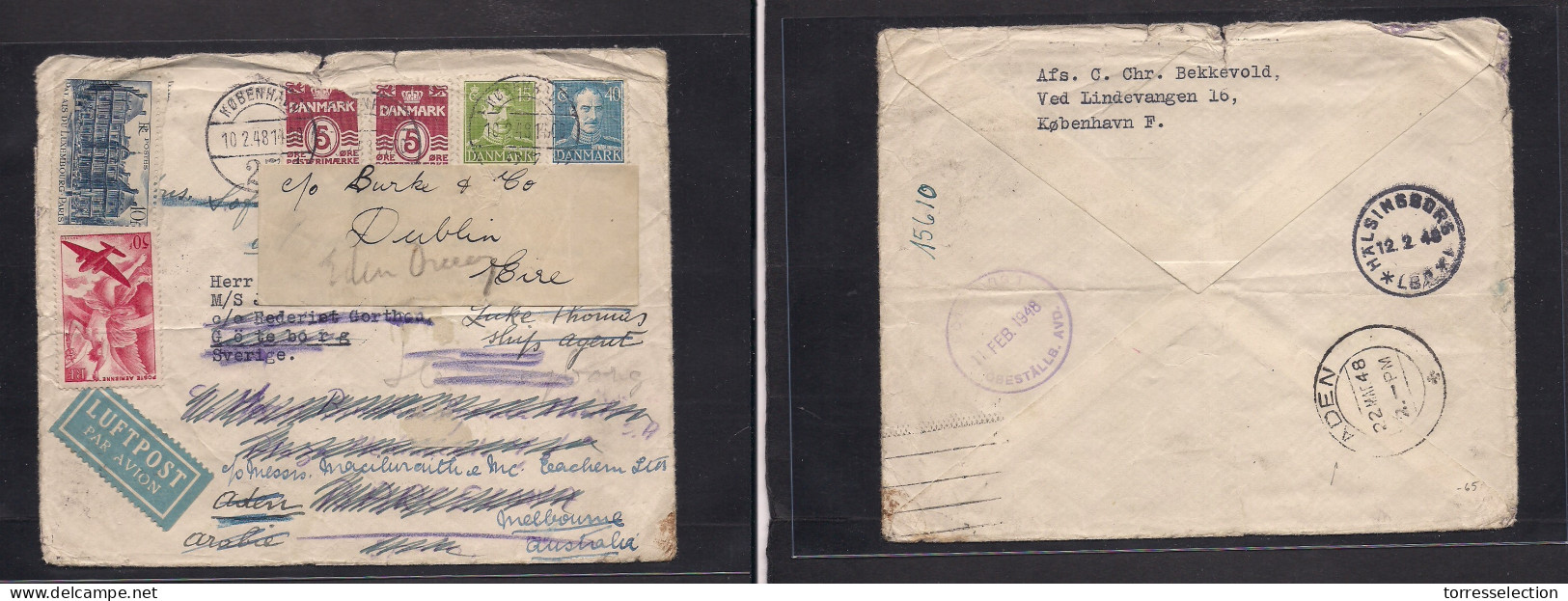 DENMARK. 1948 (10 Febr) Kph - Sweden - France - Aden, Australia, Melbourne. Air Multifkd Env + New French Franking (unca - Sonstige & Ohne Zuordnung