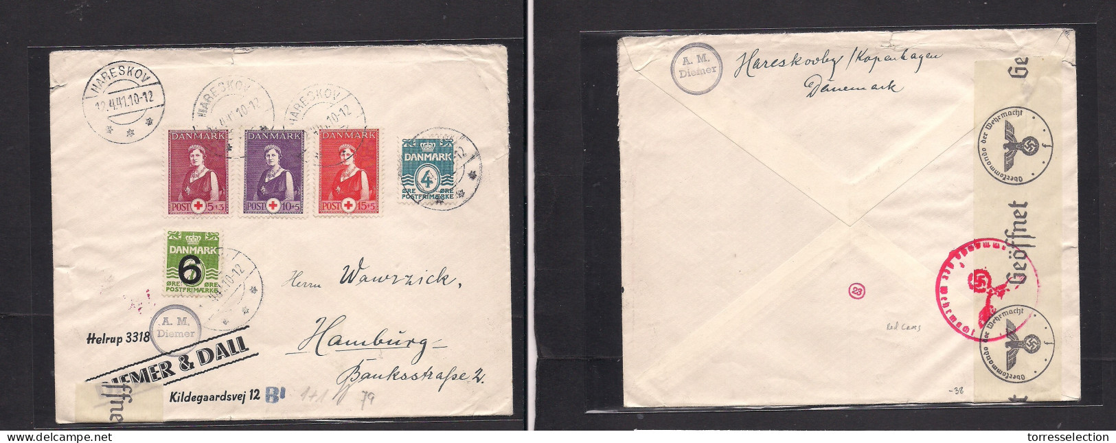 DENMARK. 1941 (12 Apr) Hareskov - Germany, Hamburg. Red Cross Issue. Multifkd Nazi Censor Usage Envelope. Fine. - Sonstige & Ohne Zuordnung