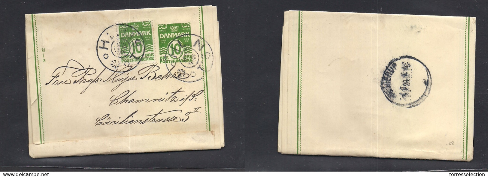DENMARK. 1923 (3 Sept) HLNº1 - Germany, Chemitz. 10 Ore Green Stat Wrapper + Adtl, Tied Small Village Doble Ring Cancel. - Sonstige & Ohne Zuordnung