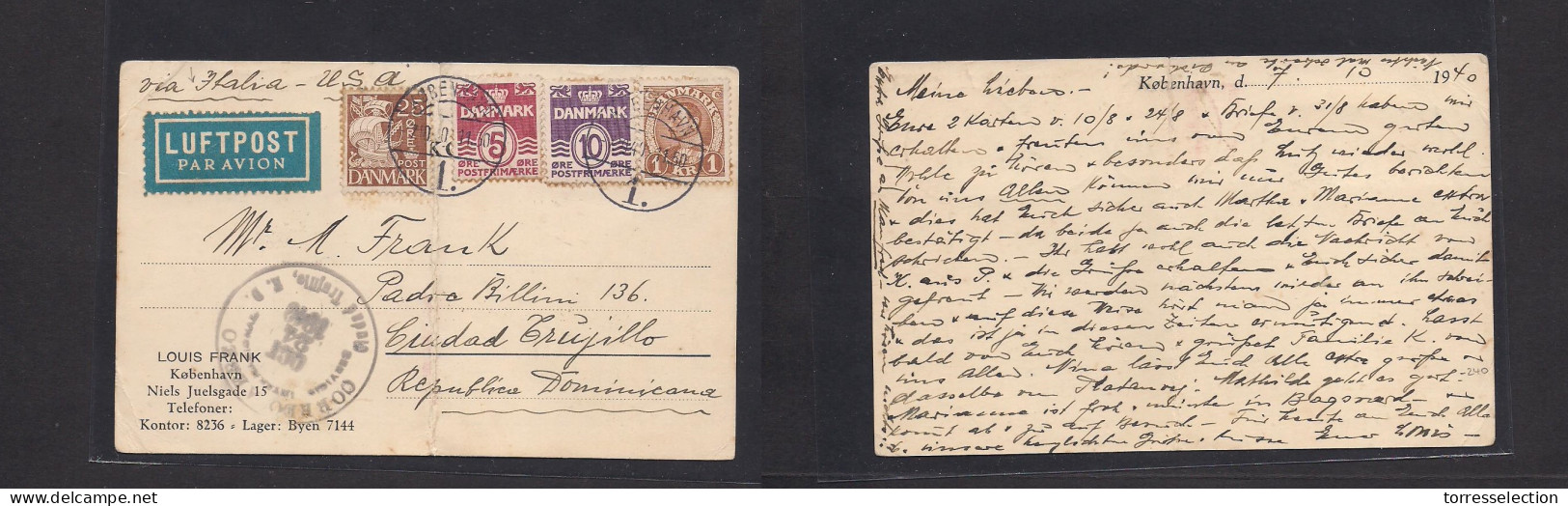DENMARK. 1940 (7 Oct) Kph - Dominican Rep,Ciudad Trujillo, Caribbe (Oct 24) Air Multifkd Private Card, Endorse Via Itali - Sonstige & Ohne Zuordnung
