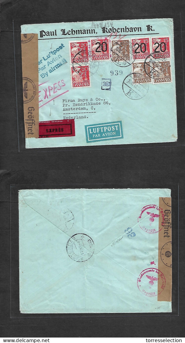 DENMARK. 1940 (10 Dec) Kph - Netherlands, Amsterdam. Air Express Multifkd Nazi Censored Envelope. Special Air Cachet. - Sonstige & Ohne Zuordnung