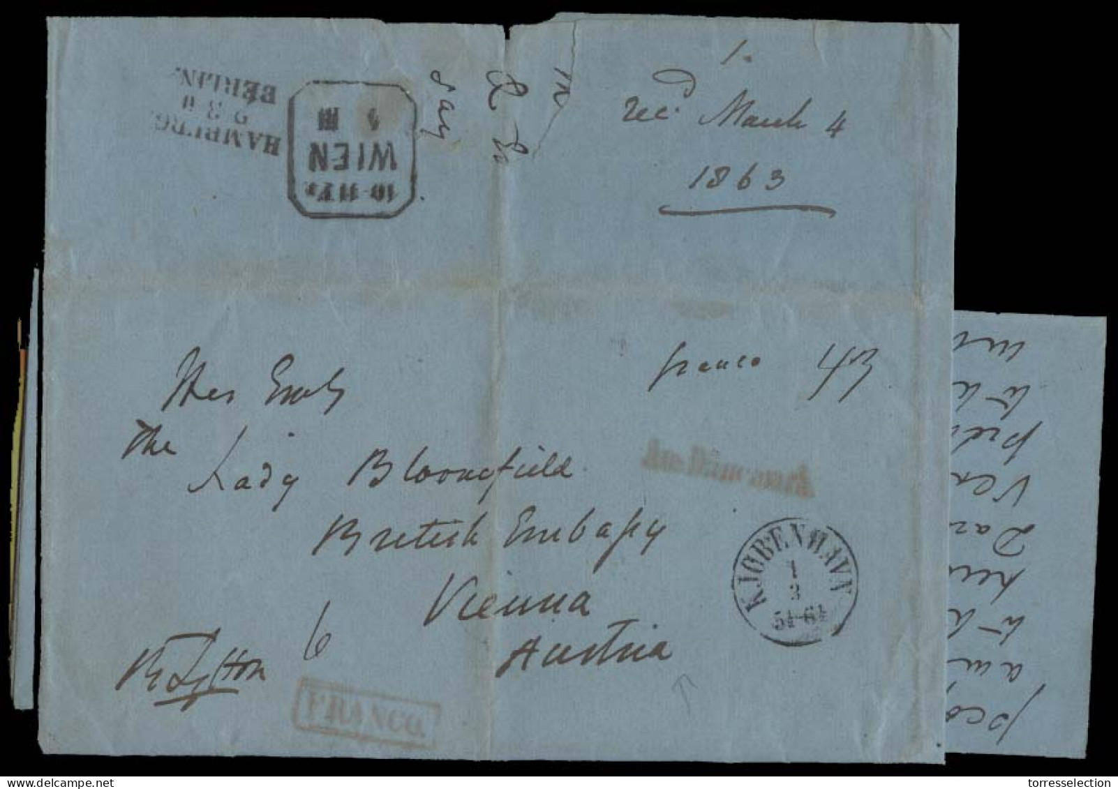 DENMARK. 1863 (27 Feb). Kopenhagen - Austria / British Embassy (4 March). Large Stampless EL Full Text, Cash Paid 43 + R - Sonstige & Ohne Zuordnung