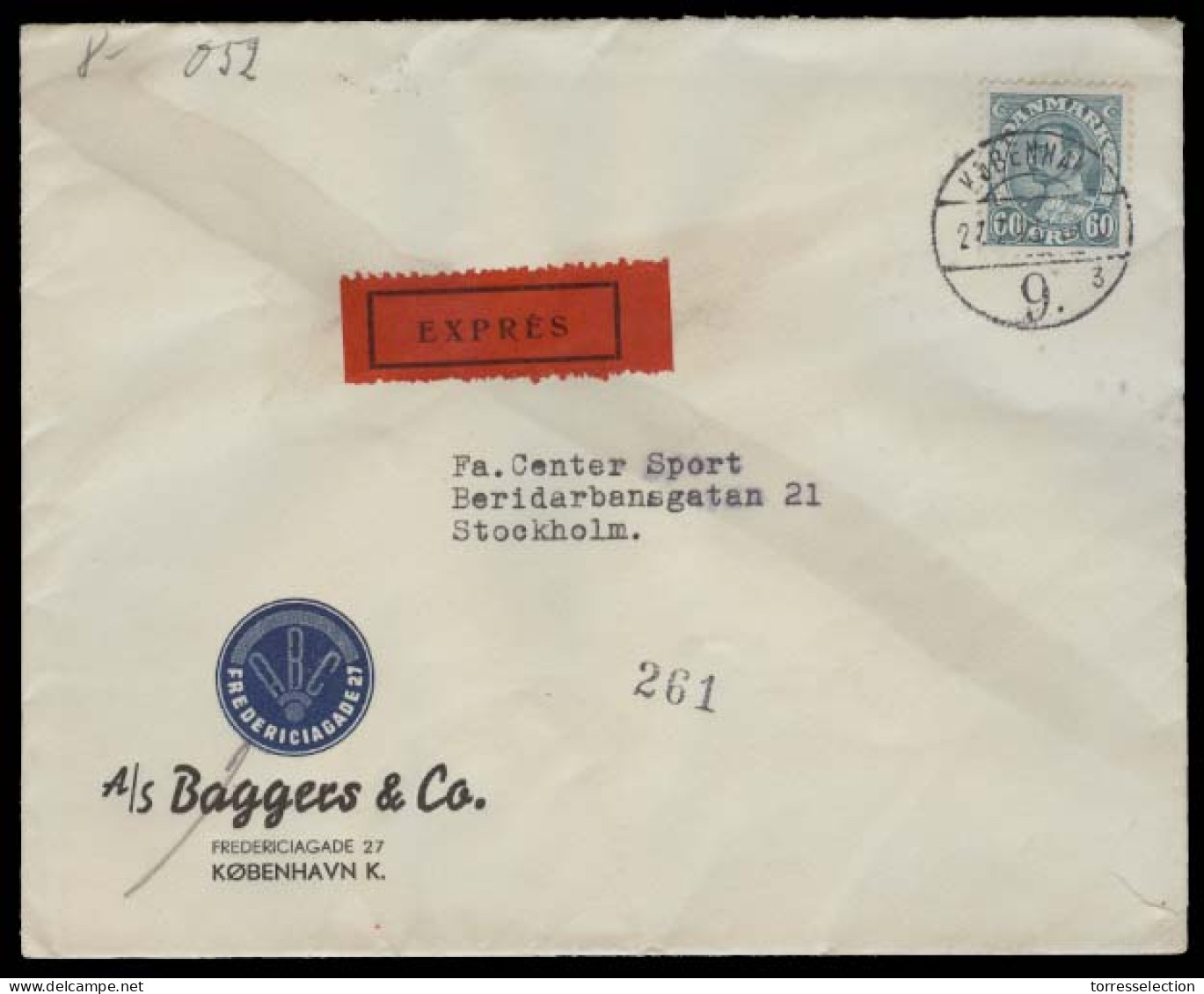 DENMARK. 1943 (27 July). Kopenhagen - Sweden. Air Express Fkd Env. Reverse Censored Label, Tied + Red Label. VF. - Sonstige & Ohne Zuordnung