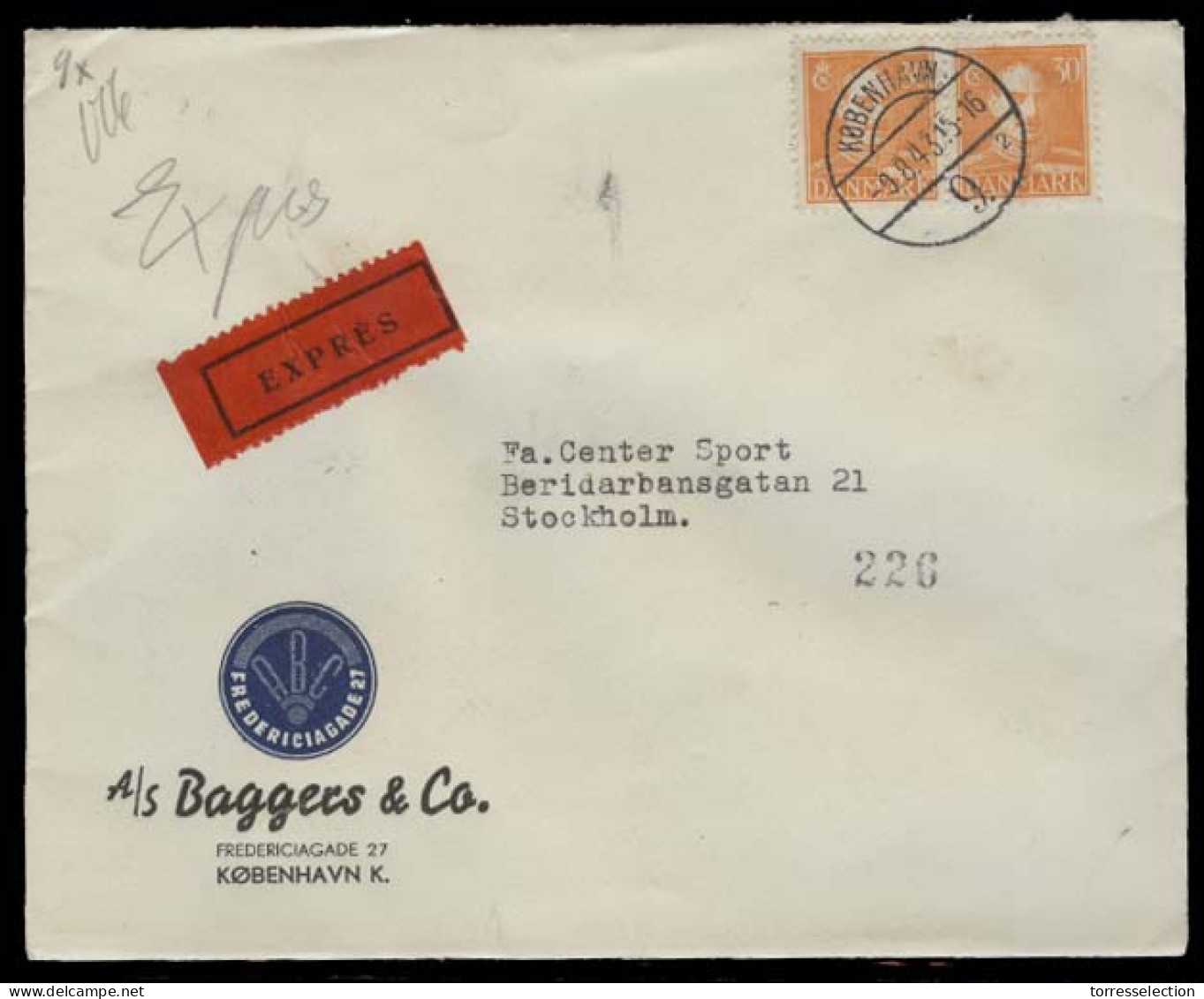 DENMARK. 1943 (9 Aug). Kopenhagen - Sweden (11 Aug). Express Air Fkd Env. Danish Censored Reverse Label Tied. VF. - Sonstige & Ohne Zuordnung