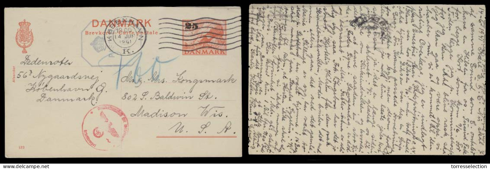 DENMARK. 1941 (14 June). Kopenhagen - USA. 25 / 20c Red Stat Card. Routed Via Berlin GB - USA. Doble Censorship. See Tex - Sonstige & Ohne Zuordnung