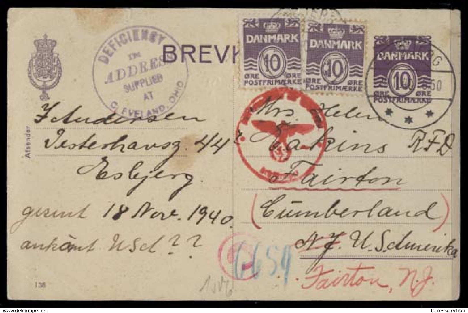 DENMARK. 1940 (20 Nov). Esbjerg - USA / Fainton 10c Violet Stat Card + 2 Adtls, Nazi Censored. - Sonstige & Ohne Zuordnung