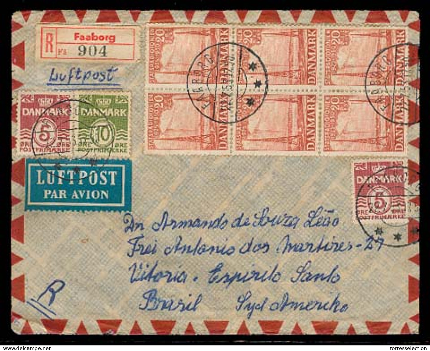 DENMARK. 1953. Faaborg - Brazil /Vitoria. Air Reg Multifkd Env + Arrival Cds. Fine. - Sonstige & Ohne Zuordnung