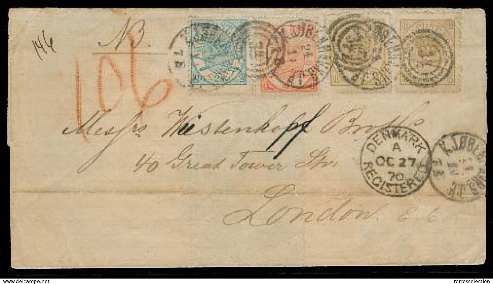 DENMARK. 1870 (27 Oct). Kopenhaguen - UK. Reg Multifkd EL 22 Sk Rate + Denmark / Registered Entry Mark. Fine. - Sonstige & Ohne Zuordnung