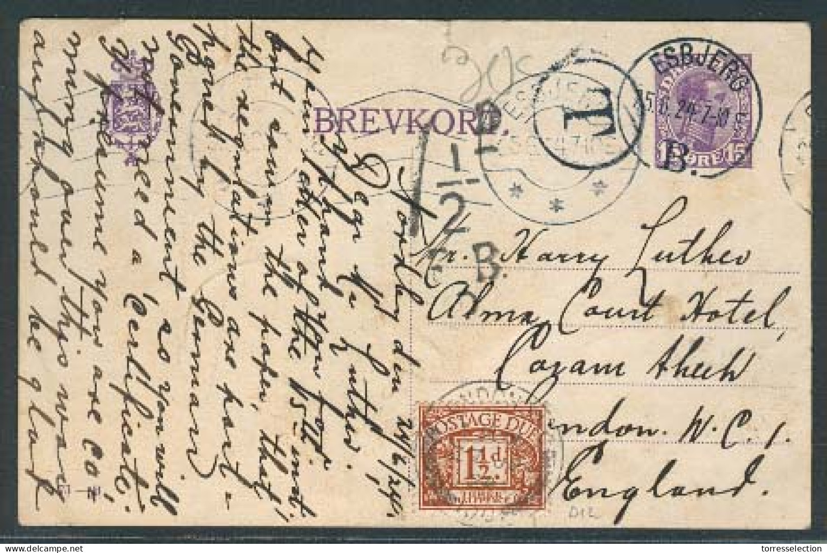 DENMARK. 1924 (25 June). Esbjerg - UK. 15o Violet Stat Card + Taxed + 1 1/2d P Due GB (D 12) Tied. VF Item. Scarce Comb  - Sonstige & Ohne Zuordnung