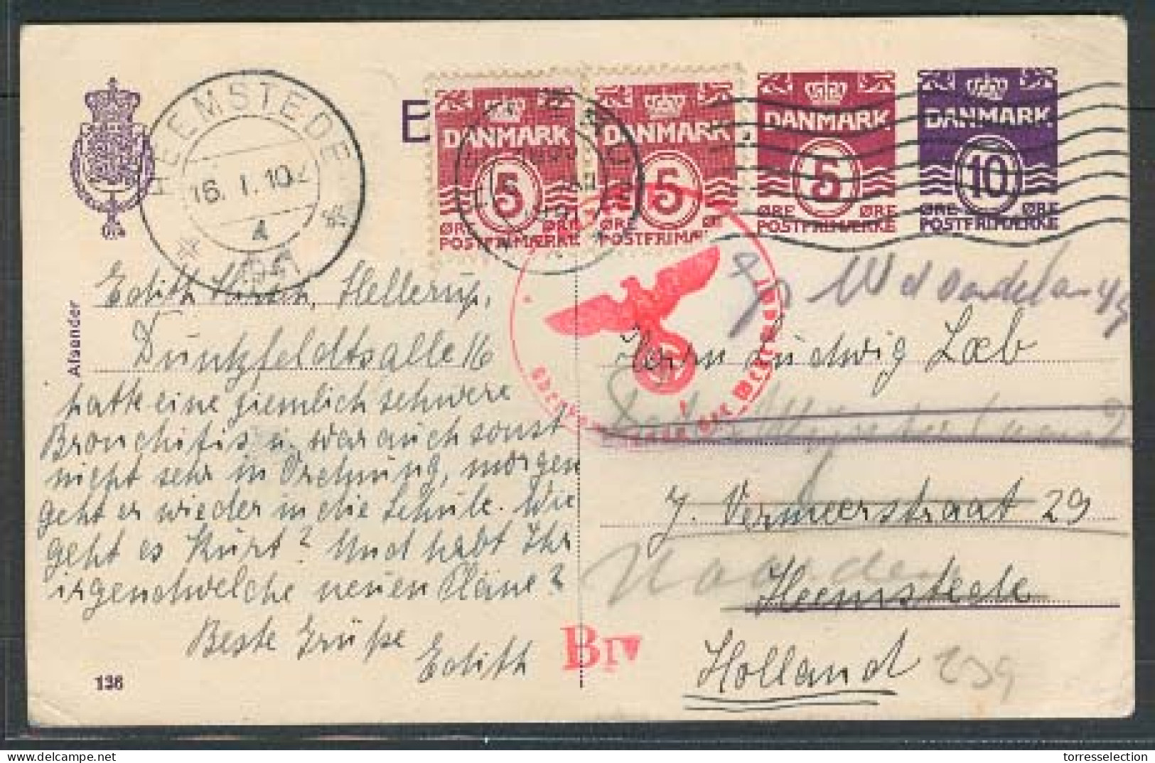 DENMARK. 1941 (4 Jan). Hellerup - Netherlands. Doble Printed State Card + 2 Adtls. Nazi Censored + Arrival. Scarce Circu - Sonstige & Ohne Zuordnung