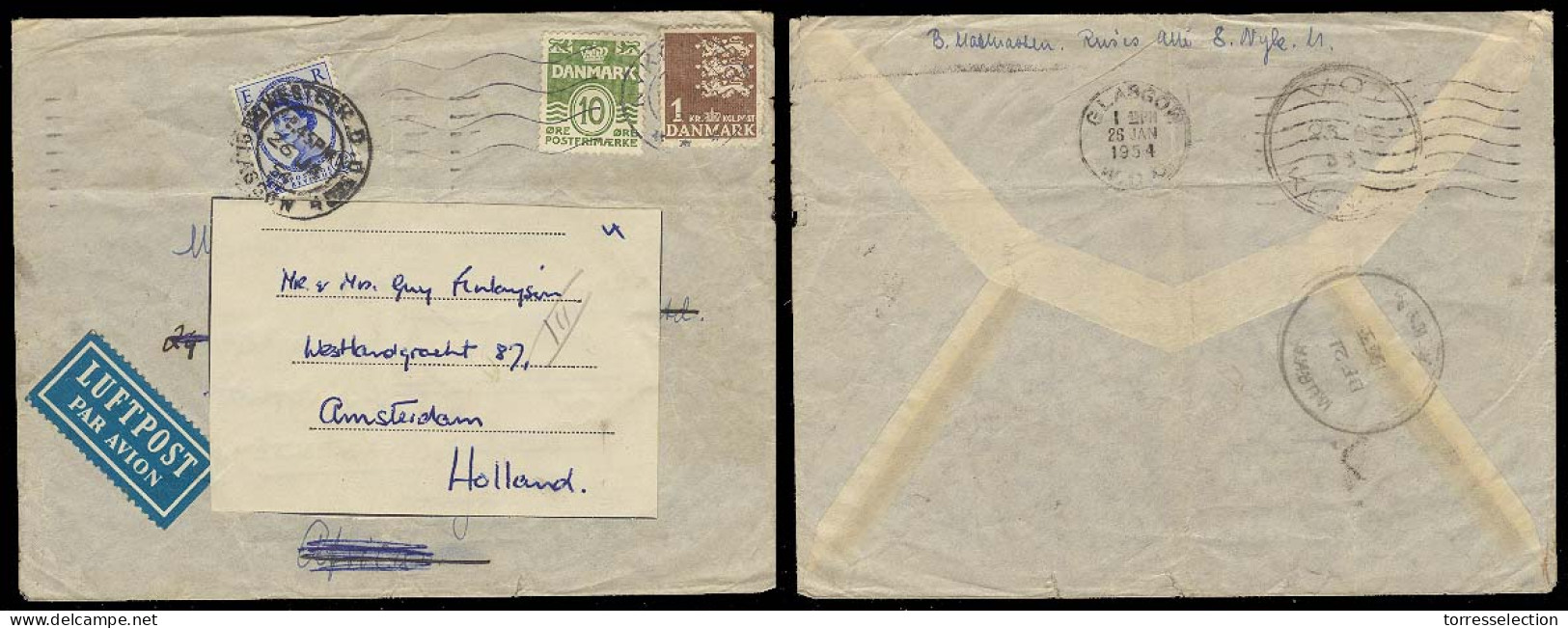 DENMARK. 1954. Copenhagen - Kenya - UK - Netherlands. Fkd Air Env. Mixed Usage With British Stamps. Forwd 3 Times. Most  - Sonstige & Ohne Zuordnung