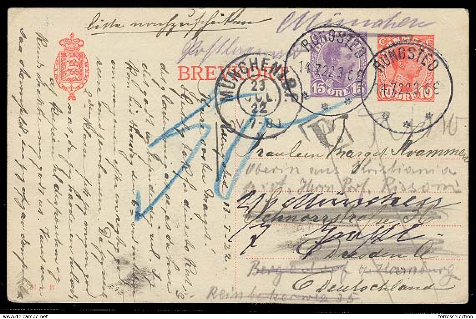 DENMARK. 1922. Rungsted - Germany / Bayern + Return. 10 Ore + 15 Ore Stat Many Card Two Printed Values / Aux Marks. VF. - Sonstige & Ohne Zuordnung