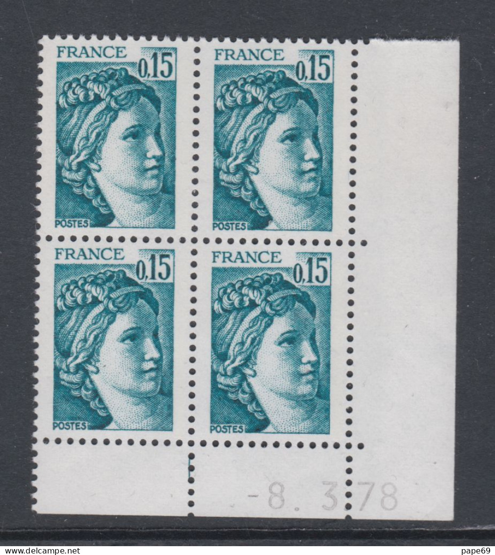 France N° 1966 Type Sabine : 15 C. Vert-bleu  En Bloc De 4 Coin Daté  Du  8 . 3 . 78 ; Sans Trait, Sans Charnière, TB - 1970-1979