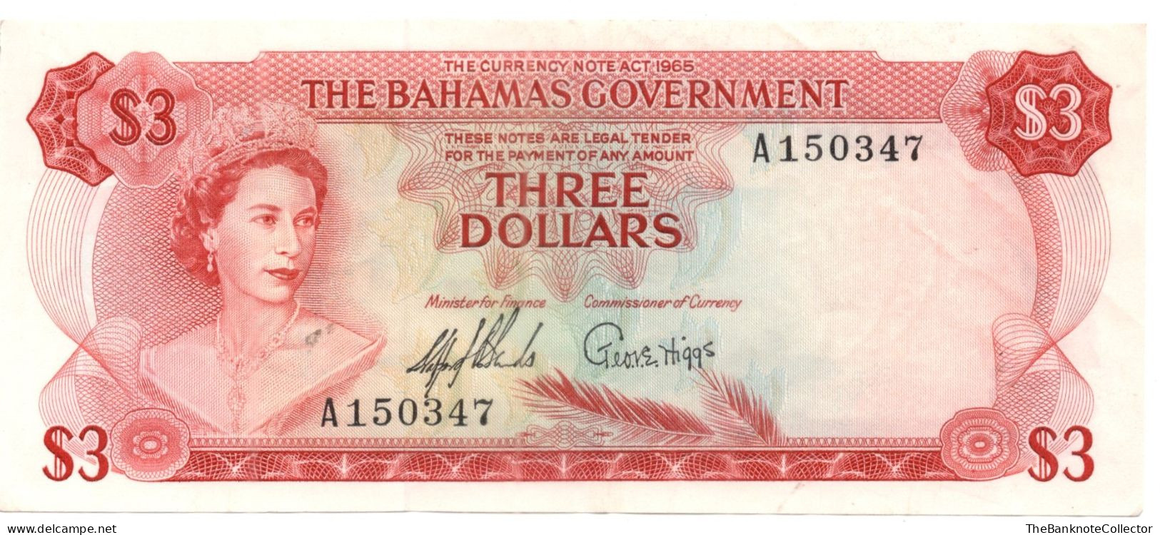 Bahamas Government 3 Dollars 1965 QEII P-19 Crisp VF - Bahama's