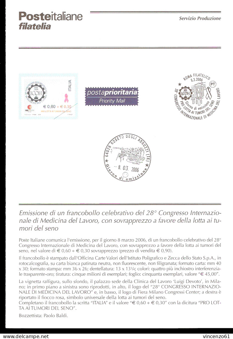 2006 Bollettino 28° Congresso Internazionale Di Medicina Del Lavoro. Sovrapprezzo A Favore Della Lotta Ai Tumori Del Sen - Médecine