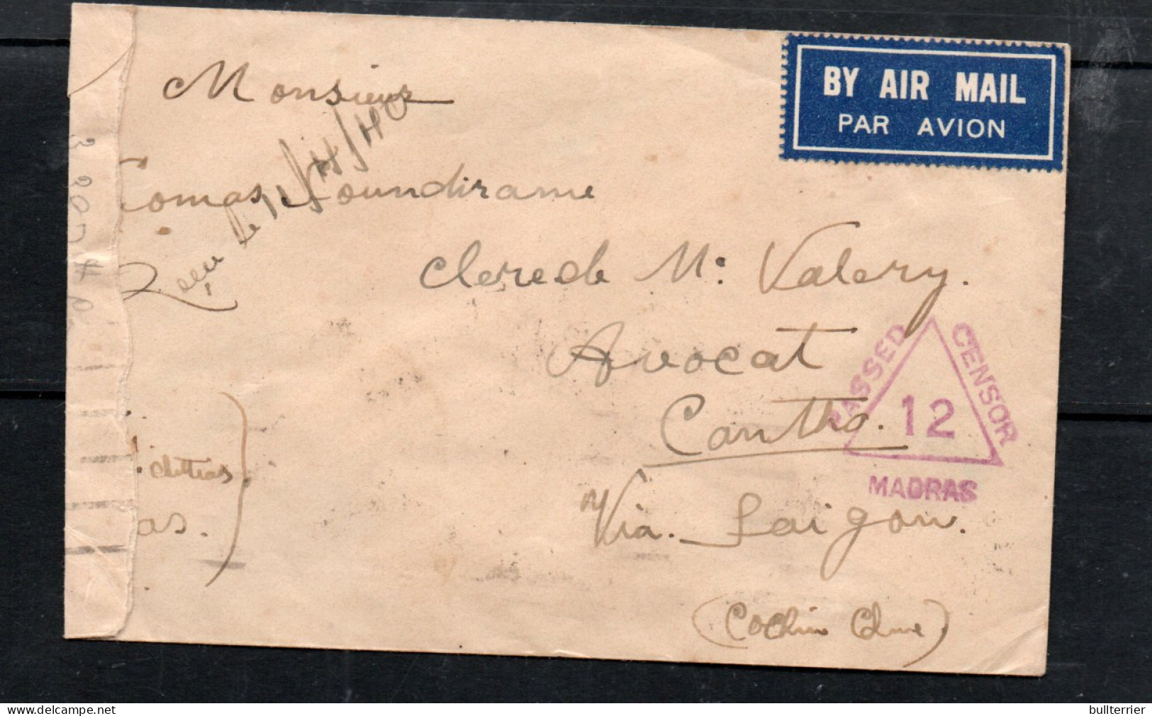 INDIA - 1940 - AIR ORIENT COVER CALCUTTA , TO SAIGON WITH MADRAS CENSOR ,MARK +  BACKSTAMP - 1936-47 Roi Georges VI