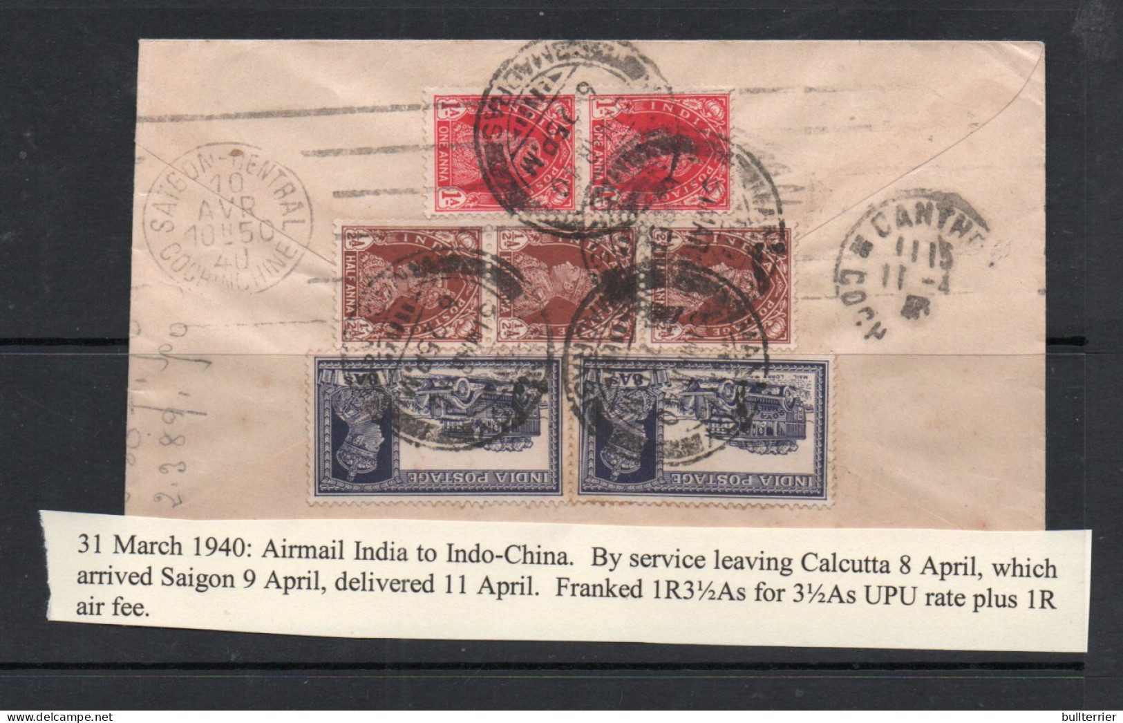 INDIA - 1940 - AIR ORIENT COVER CALCUTTA , TO SAIGON WITH MADRAS CENSOR ,MARK +  BACKSTAMP - 1936-47 King George VI