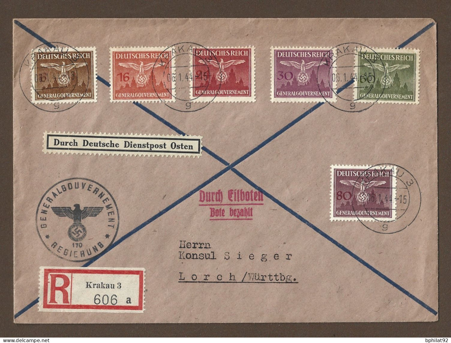 !!! POLOGNE, OCCUPATION ALLEMANDE, LETTRE PHILATÉLIQUE RECOMMANDÉE DU GOUVERNEMENT GÉNÉRAL AVEC TIMBRES DE SERVICE,1944 - Bezetting