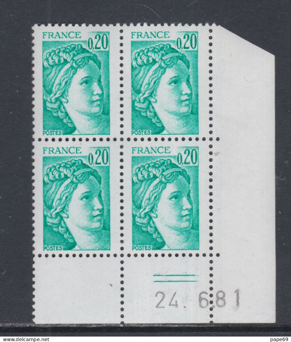 France N° 1967 Type Sabine : 20 C. émeraude  En Bloc De 4 Coin Daté  Du  24 . 6 . 81 ;  2  Traits, Sans Charnière, TB - 1970-1979