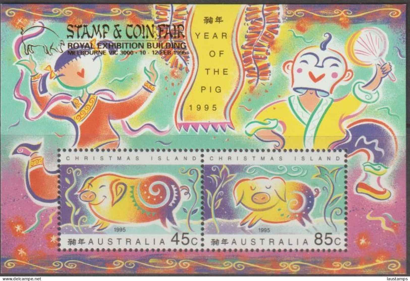 Christmas Island 1995 Year Of The Pig Ovpt Stamp & Coin Fair Melbourne S/S MNH - Chines. Neujahr